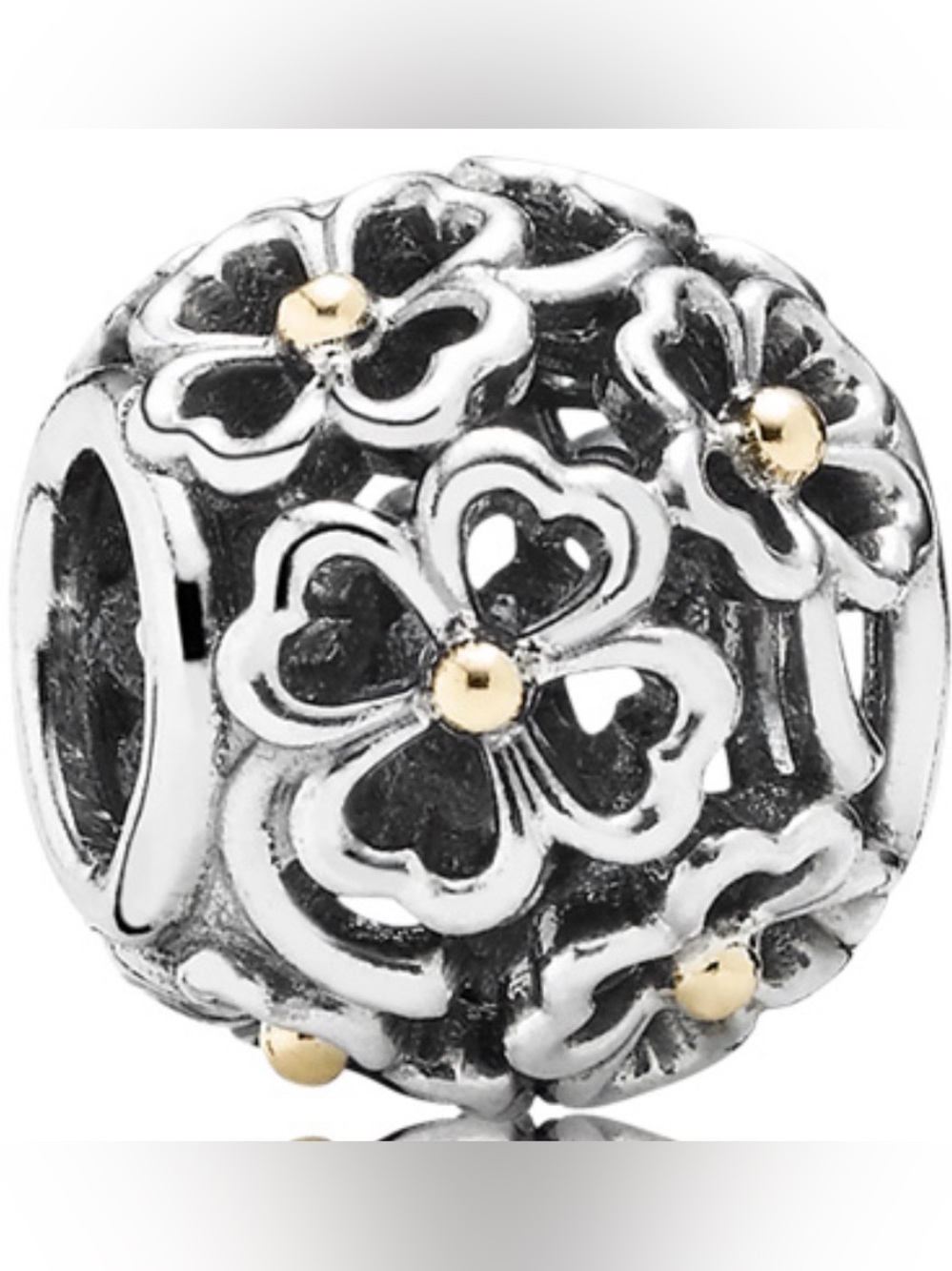 Pandora Silver Floral Openwork Charm Bead with Gold Accents